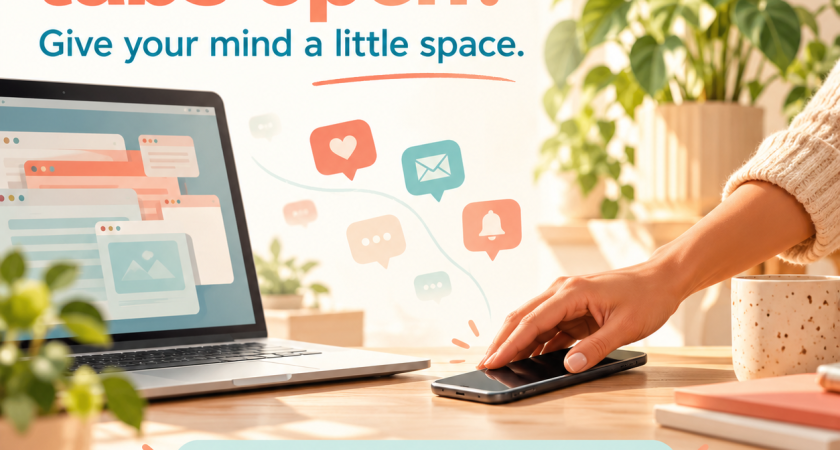 Digital overload graphic showing a phone being set aside beside a laptop, with the message Too many tabs open and the MBIS logo