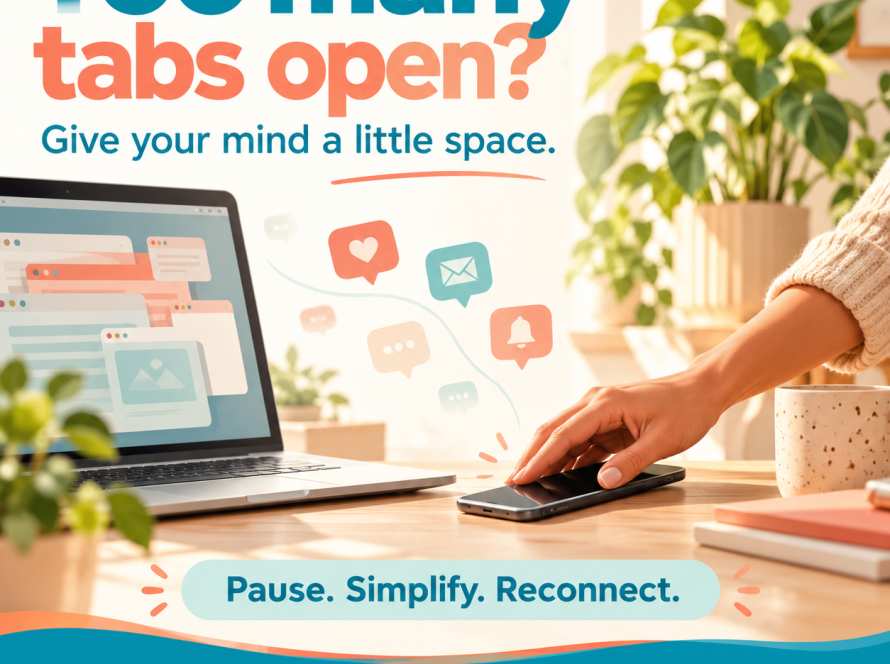 Digital overload graphic showing a phone being set aside beside a laptop, with the message Too many tabs open and the MBIS logo