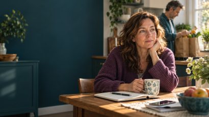 Caregiver sitting at a kitchen table while a family member helps with groceries