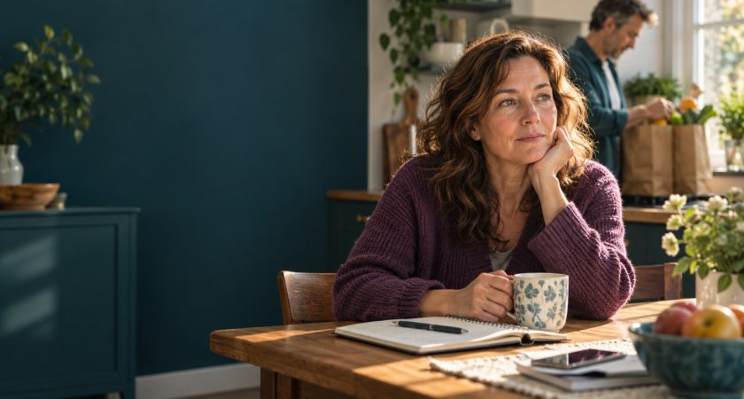 Caregiver sitting at a kitchen table while a family member helps with groceries
