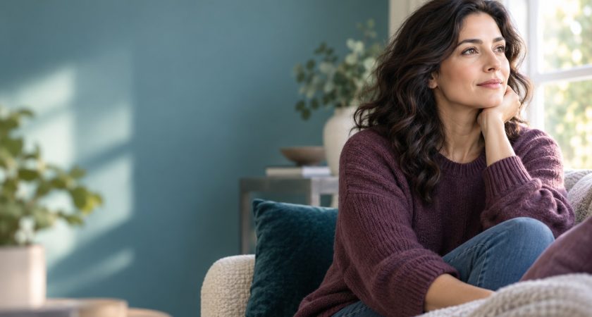 Thoughtful woman beside a window in an emotional abuse awareness illustration