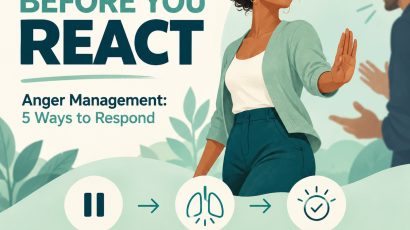Anger management graphic showing a calm pause, breathing and choosing a response, with the MBIS logo