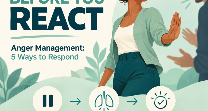 Anger management graphic showing a calm pause, breathing and choosing a response, with the MBIS logo