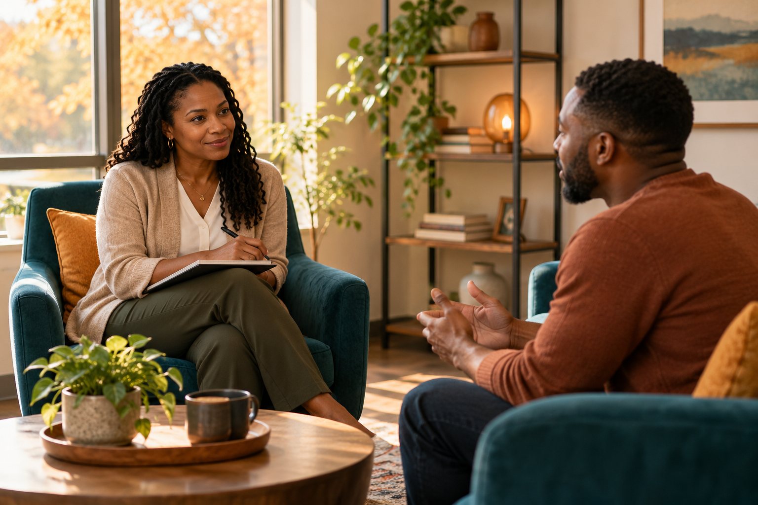 Counselor listening during a conversation about seasonal depression support