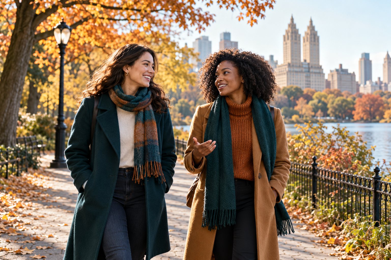 Two friends walking and talking in an autumn park