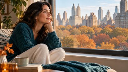 Woman sitting beside a window overlooking autumn trees in a seasonal depression illustration
