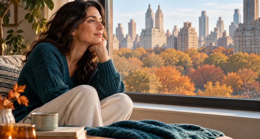 Woman sitting beside a window overlooking autumn trees in a seasonal depression illustration