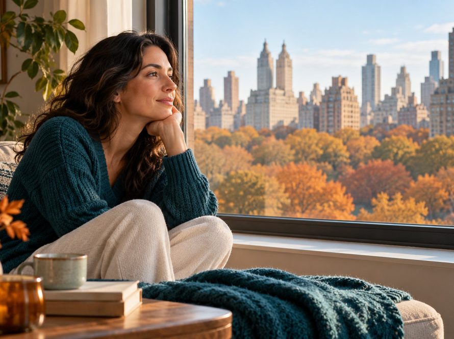 Woman sitting beside a window overlooking autumn trees in a seasonal depression illustration